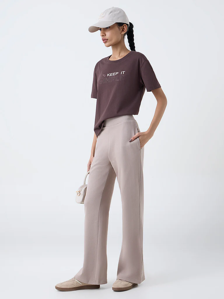 Studiofit Taupe Solid High-Rise Cotton Pants