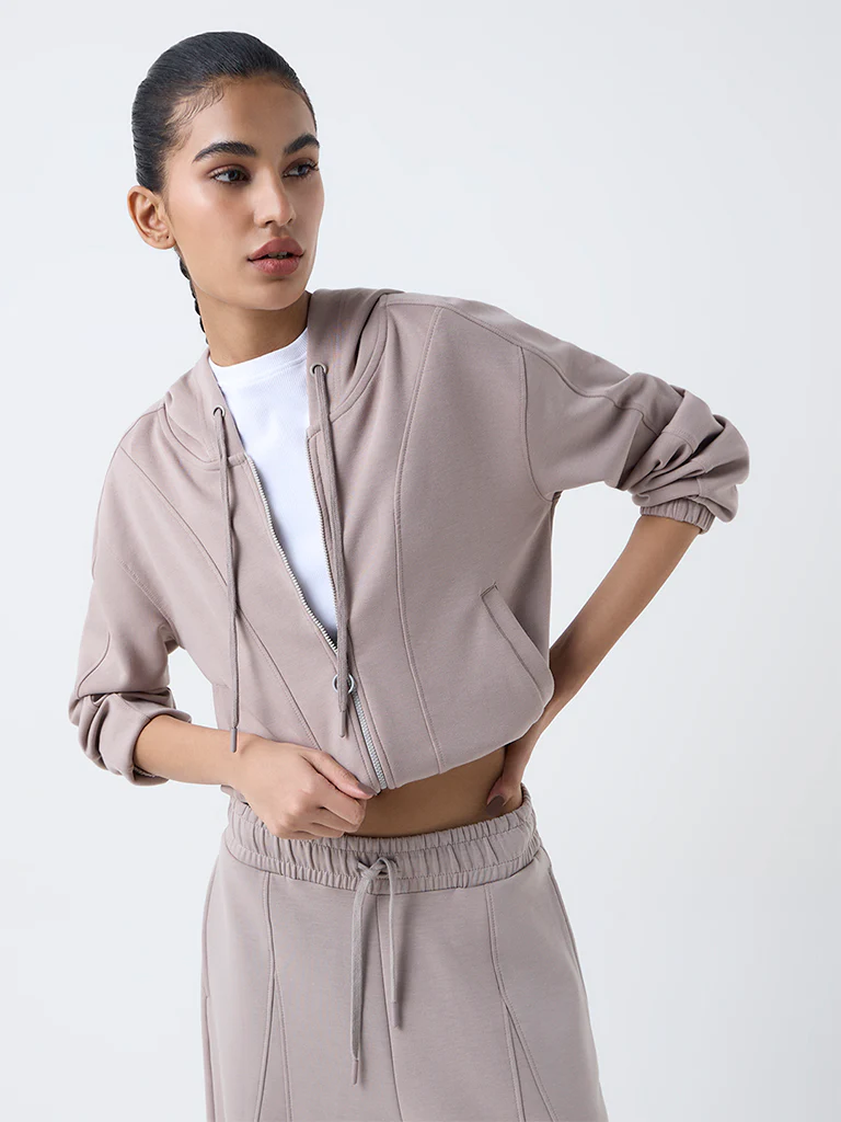 Studiofit Taupe Solid Hooded Jacket