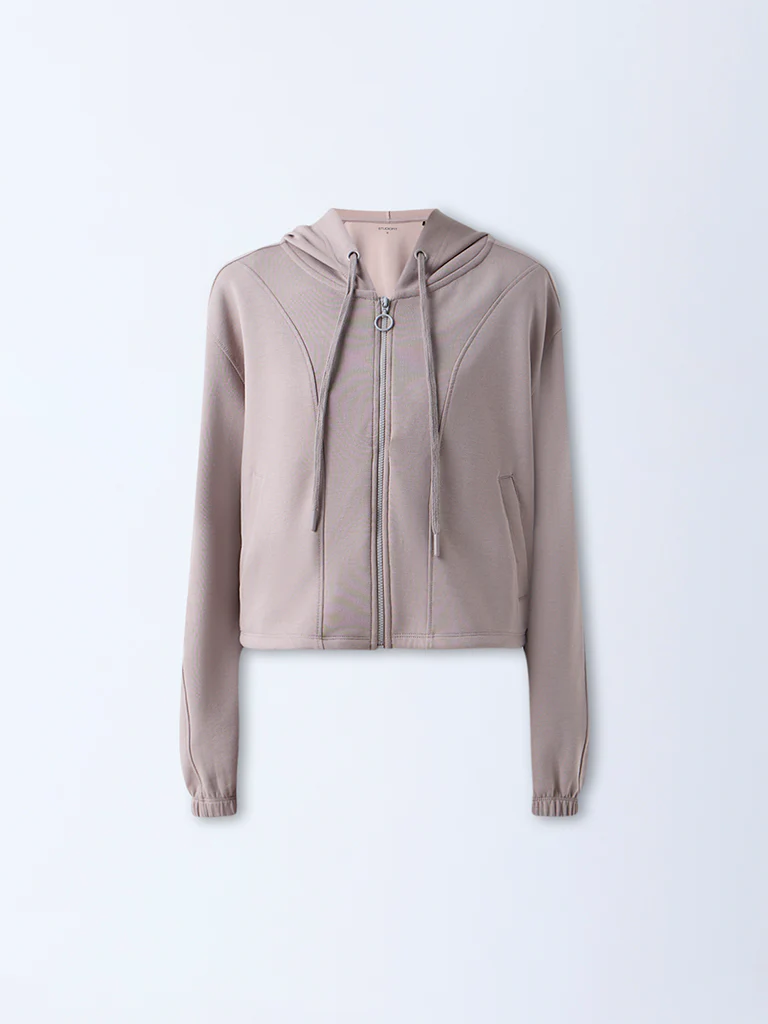 Studiofit Taupe Solid Hooded Jacket - Image 5
