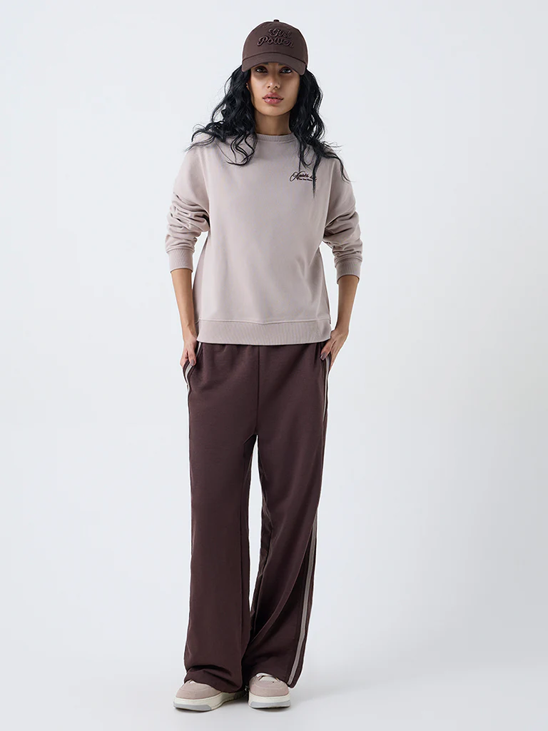 Studiofit Taupe Text Design Cotton-Blend Sweatshirt - Image 2