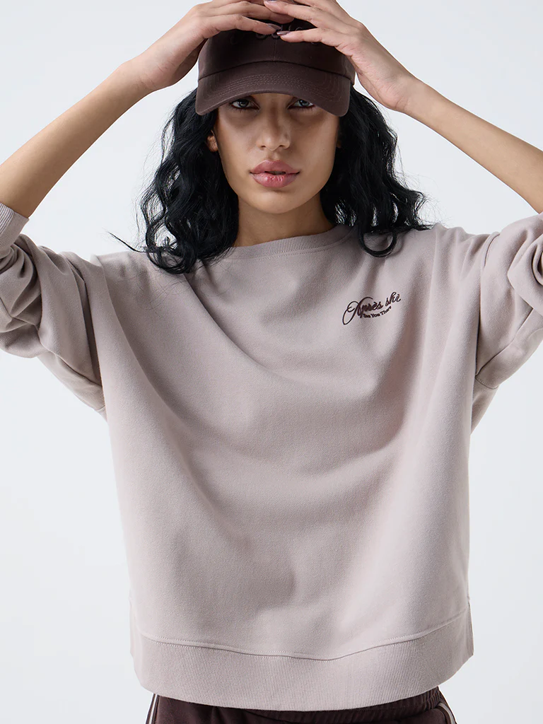 Studiofit Taupe Text Design Cotton-Blend Sweatshirt - Image 3
