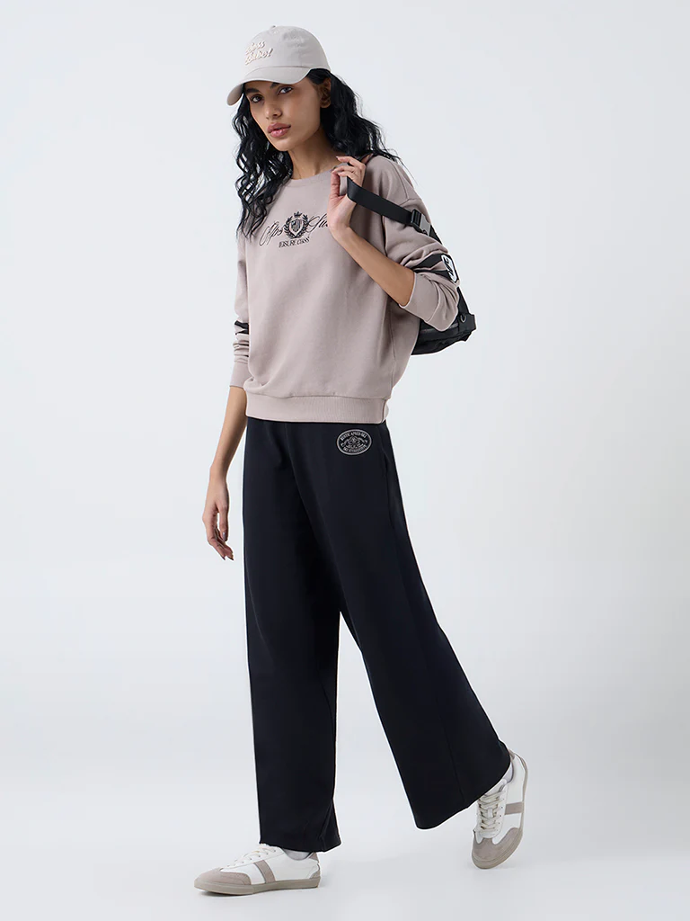 Studiofit Taupe Text Pattern Cotton-Blend Sweatshirt - Image 2