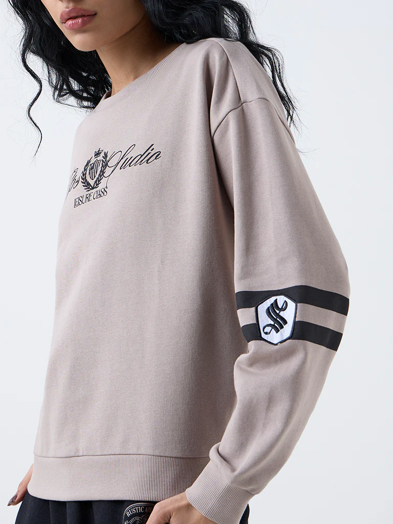 Studiofit Taupe Text Pattern Cotton-Blend Sweatshirt - Image 3