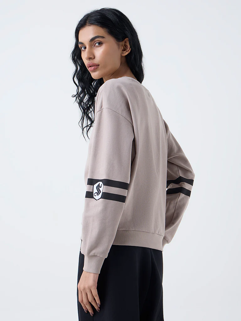 Studiofit Taupe Text Pattern Cotton-Blend Sweatshirt - Image 4