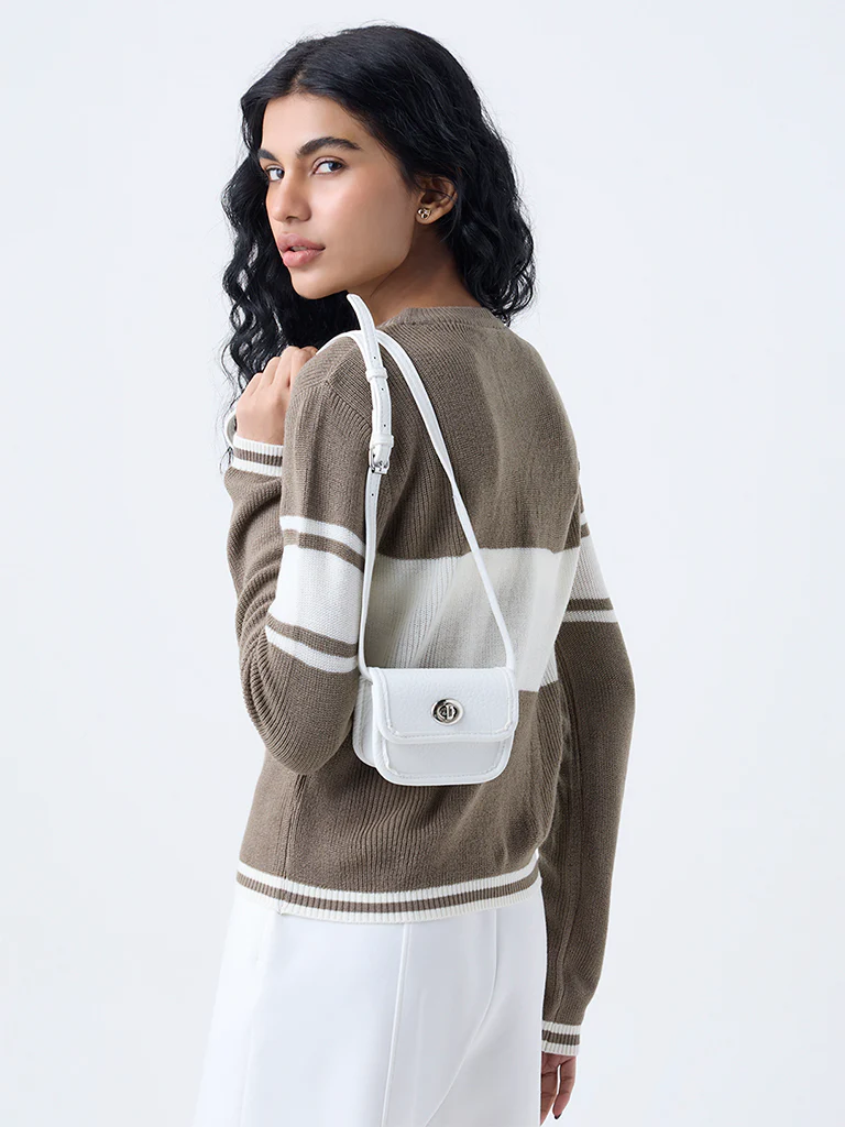 Studiofit Taupe Text Printed Knitted Sweater - Image 4