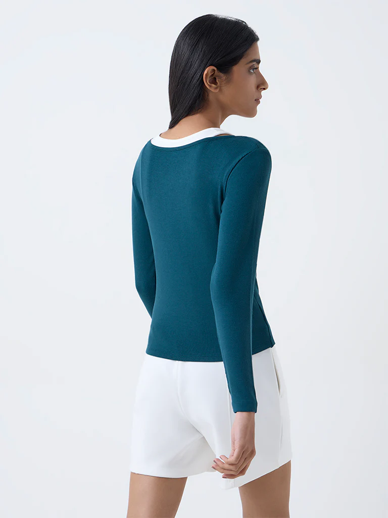 Studiofit Teal Ribbed-Textured Top - Image 4