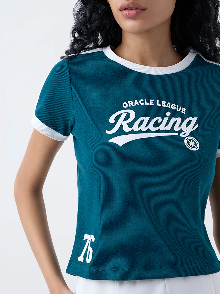 Studiofit Teal Text Printed Cotton-Blend T-Shirt - Image 3