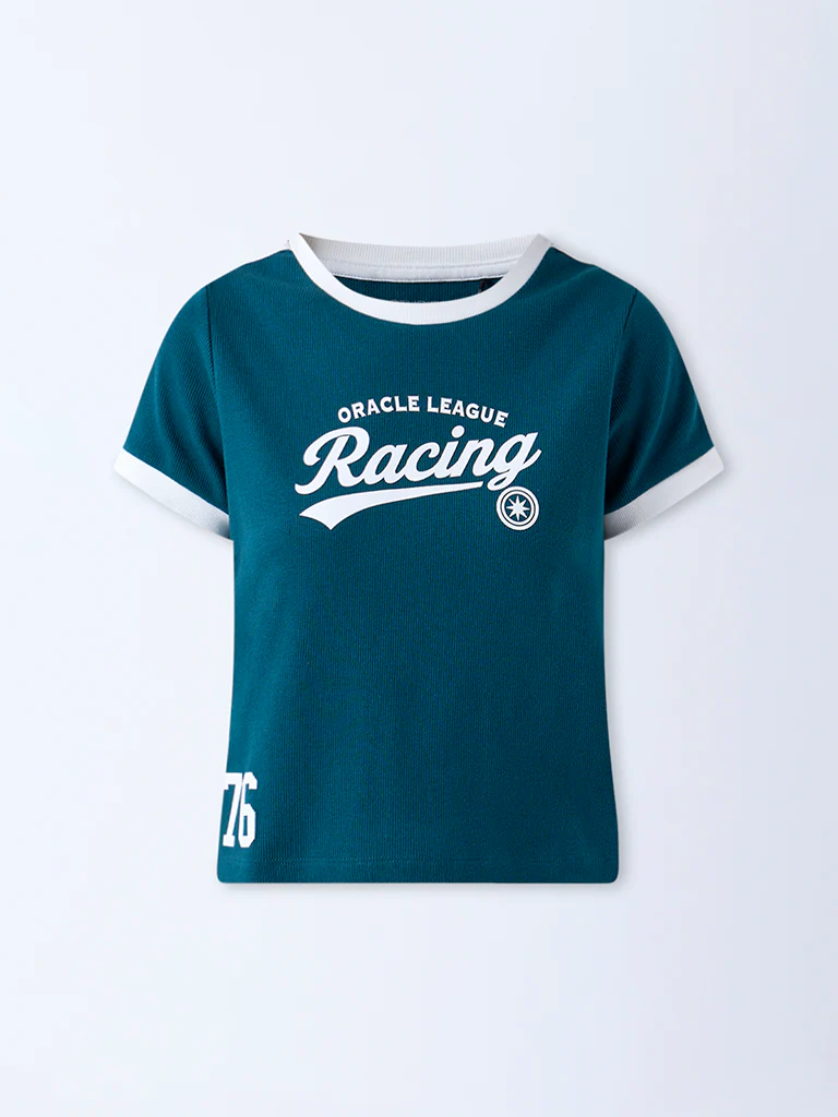 Studiofit Teal Text Printed Cotton-Blend T-Shirt - Image 5