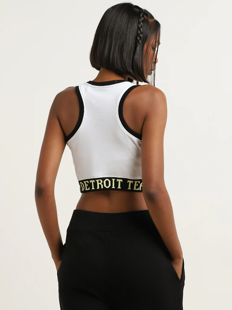 Studiofit White and Black Text Printed Cotton-Blend Crop Top - Image 4