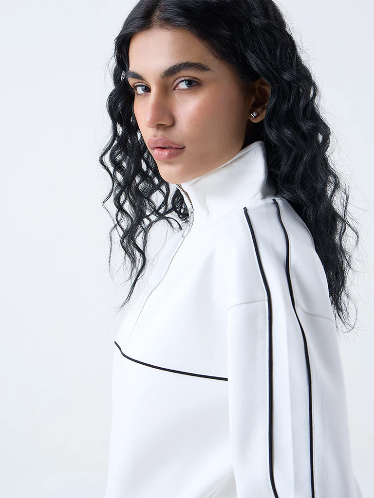 Studiofit White Cotton-Blend Quarter-Zip Sweatshirt - Image 3
