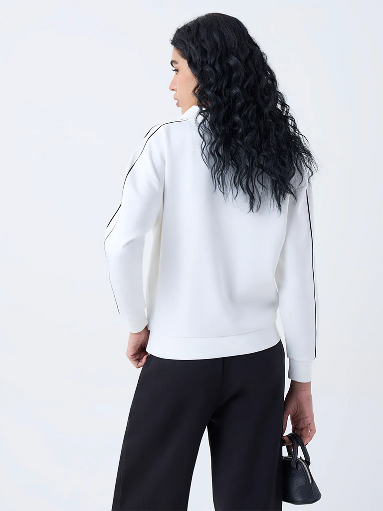 Studiofit White Cotton-Blend Quarter-Zip Sweatshirt - Image 4