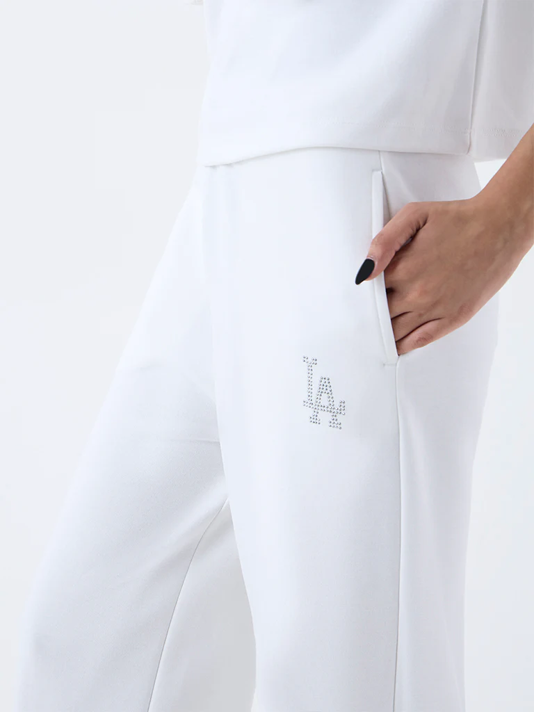 Studiofit White Embellished High-Rise Cotton-Blend Pants - Image 3