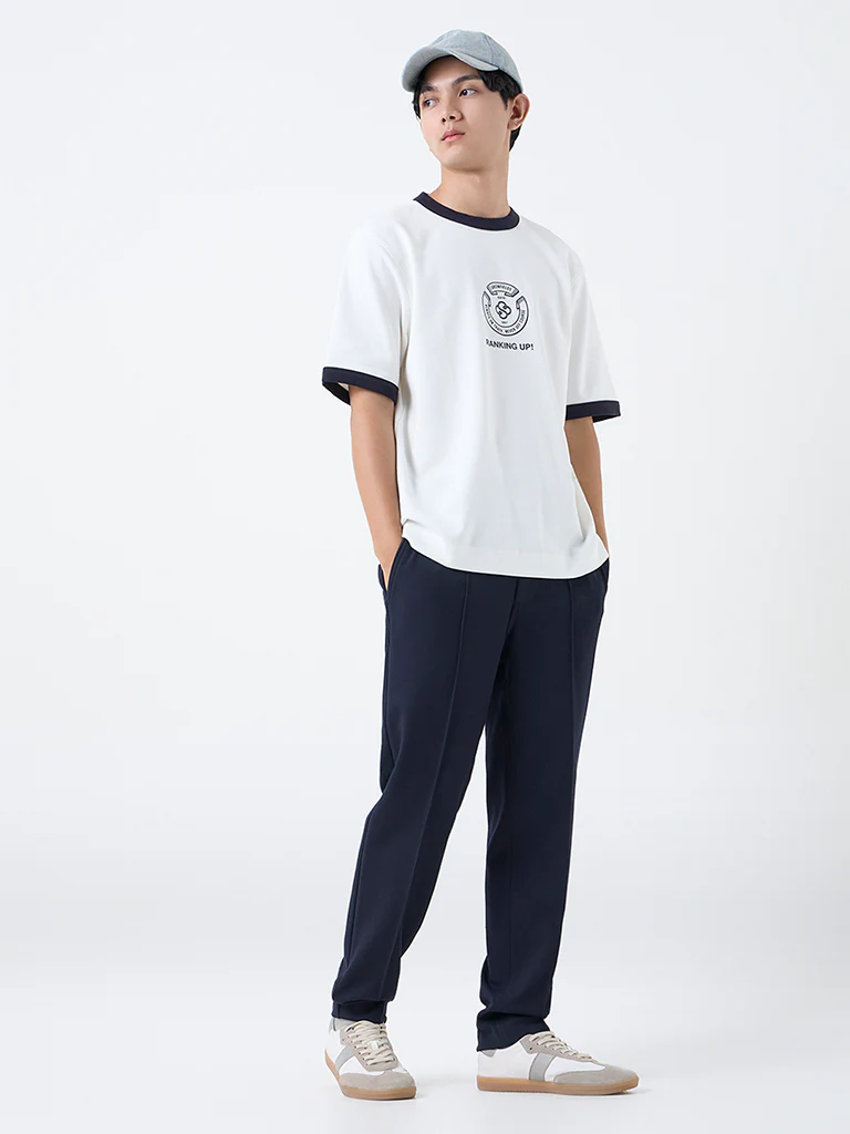 Studiofit White Printed Relaxed-Fit Cotton T-Shirt - Image 2