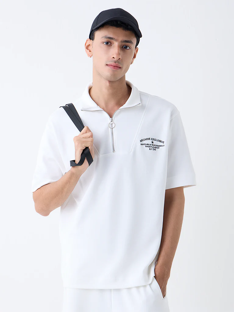 Studiofit White Relaxed-Fit Cotton-Blend Quarter-Zip T-Shirt