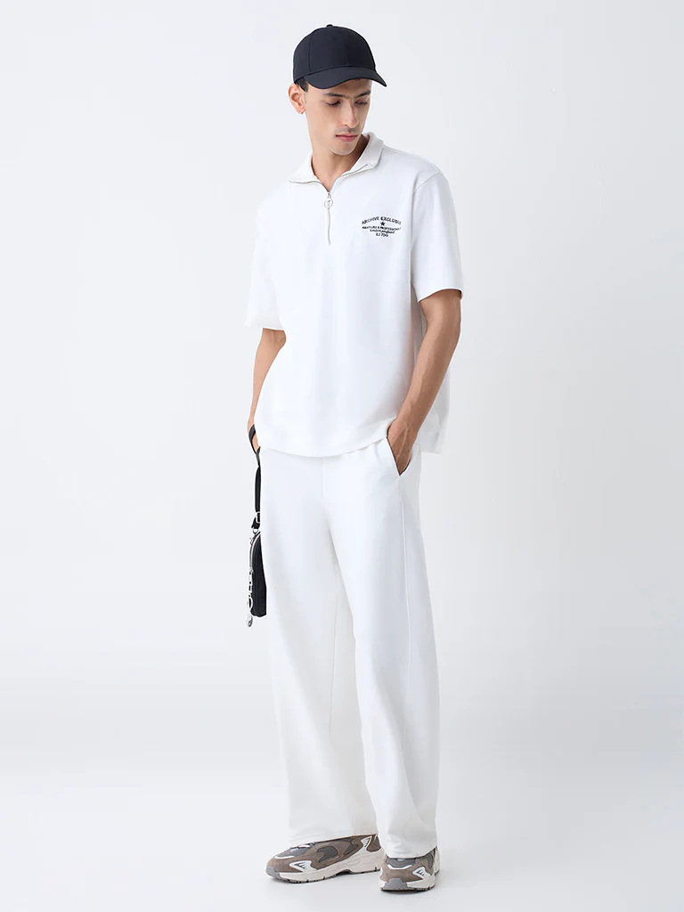 Studiofit White Relaxed-Fit Cotton-Blend Quarter-Zip T-Shirt - Image 3