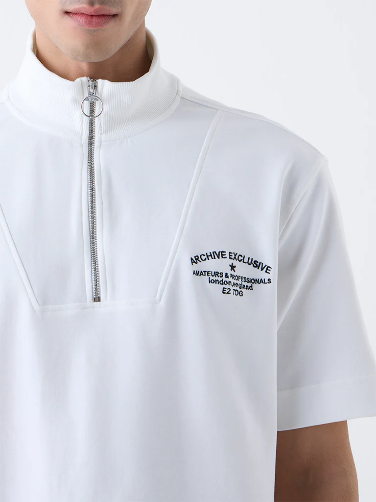 Studiofit White Relaxed-Fit Cotton-Blend Quarter-Zip T-Shirt - Image 4