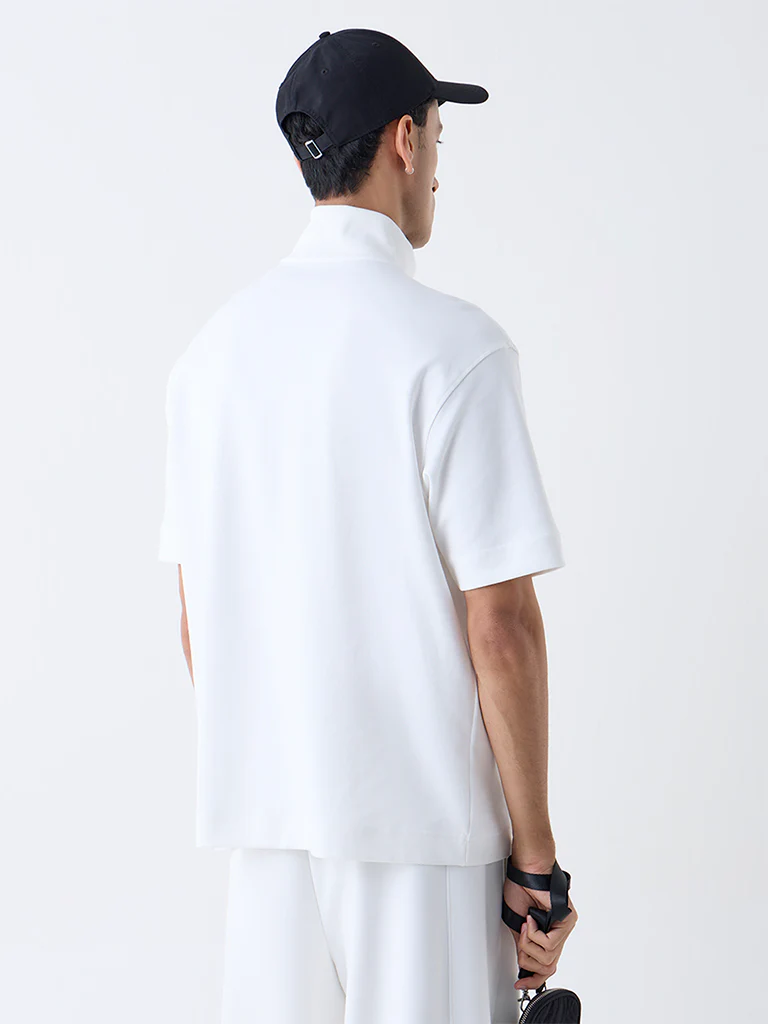 Studiofit White Relaxed-Fit Cotton-Blend Quarter-Zip T-Shirt - Image 5