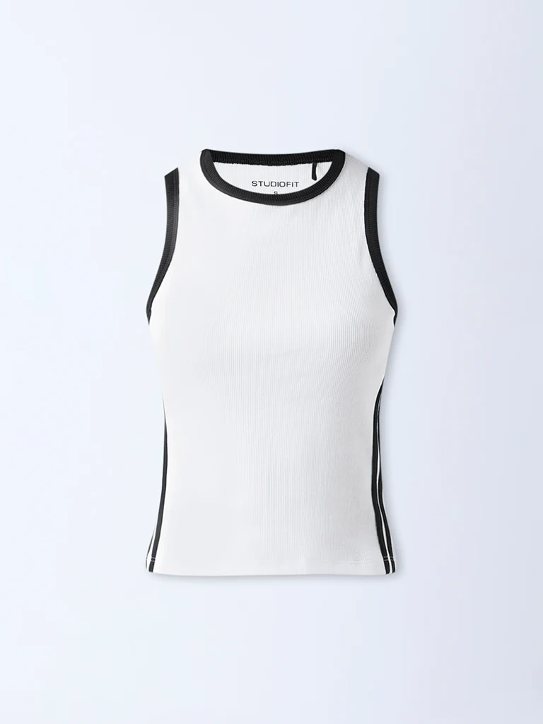 Studiofit White Striped Cotton-Blend Top - Image 5