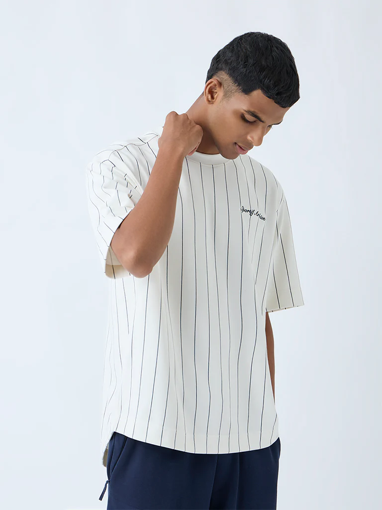 Studiofit White Striped Relaxed-Fit Cotton-Blend T-Shirt