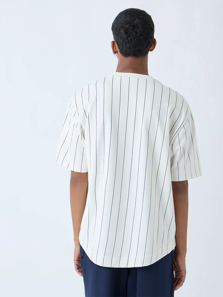 Studiofit White Striped Relaxed-Fit Cotton-Blend T-Shirt - Image 5