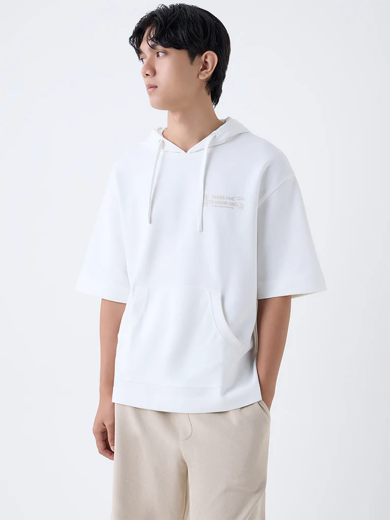 Studiofit White Text Printed Relaxed-Fit Cotton-Blend Sweatshirt