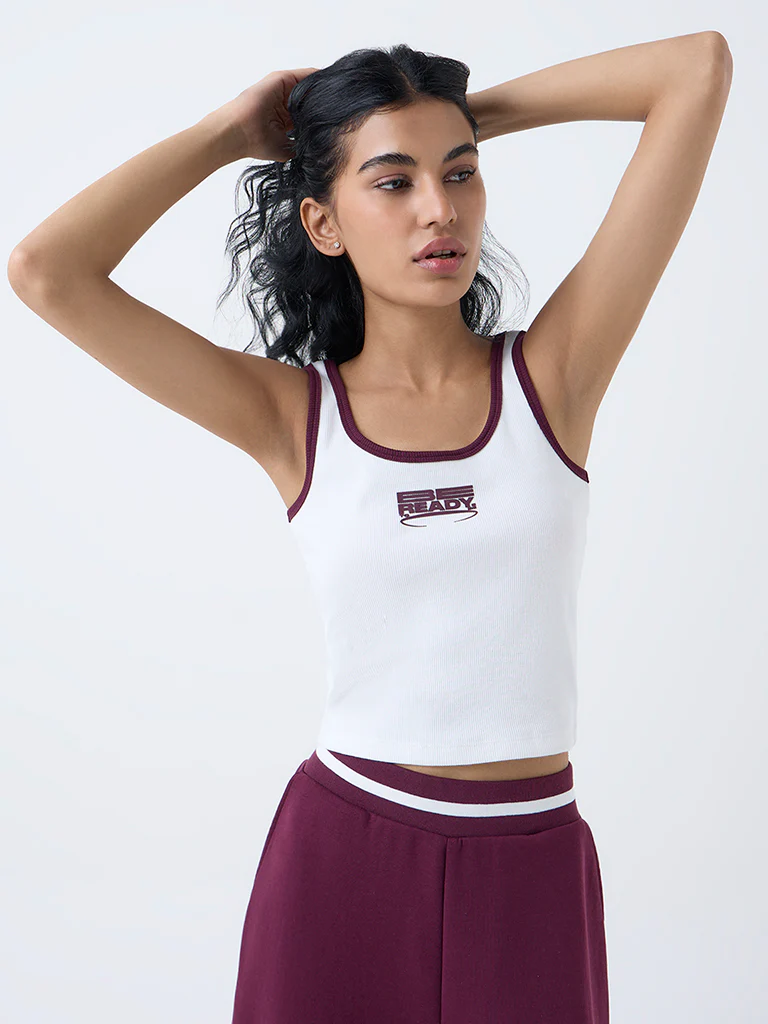 Studiofit White Typographic Ribbed Top - Image 2