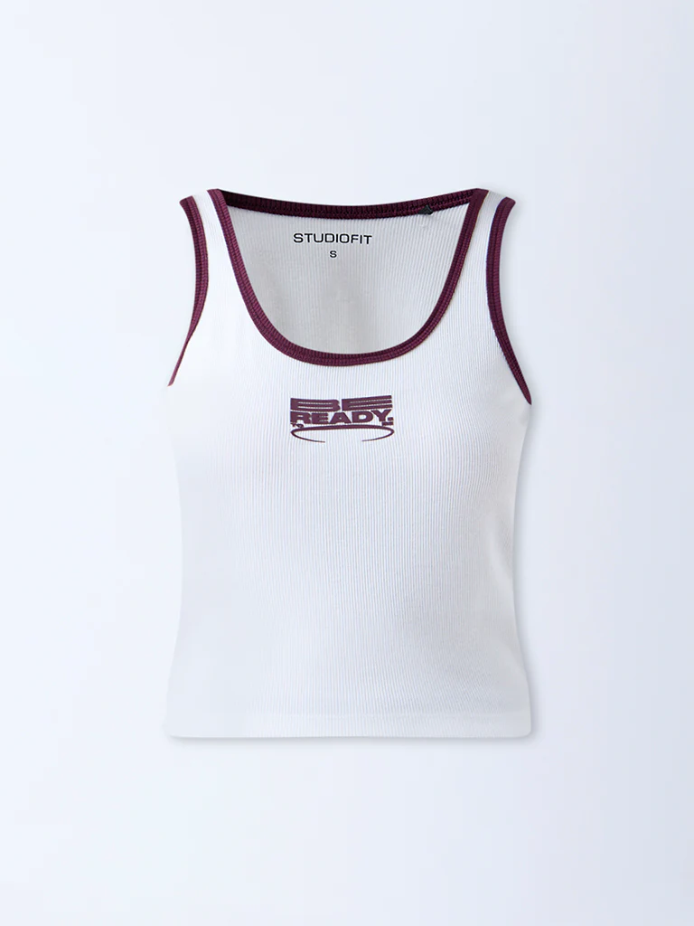 Studiofit White Typographic Ribbed Top - Image 5