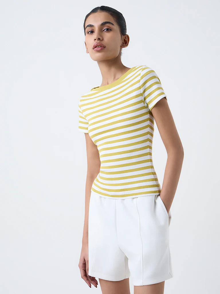 Studiofit Yellow Striped Cotton-Blend T-Shirt - Image 2