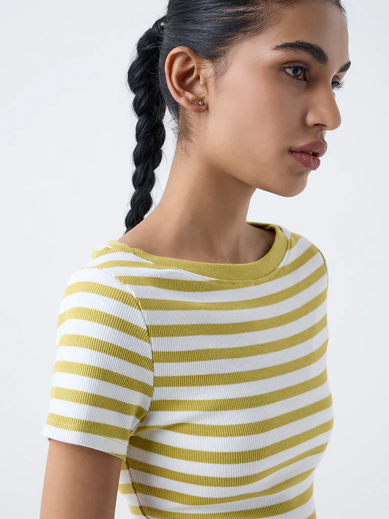 Studiofit Yellow Striped Cotton-Blend T-Shirt - Image 3