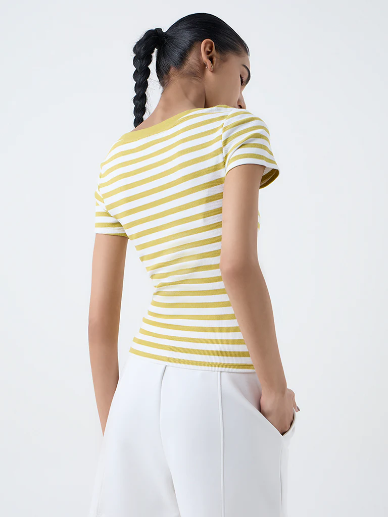 Studiofit Yellow Striped Cotton-Blend T-Shirt - Image 4