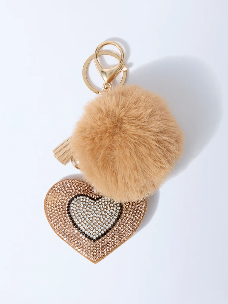Studiowest Beige Heart Bedazzled Pom Pom Bag Charm