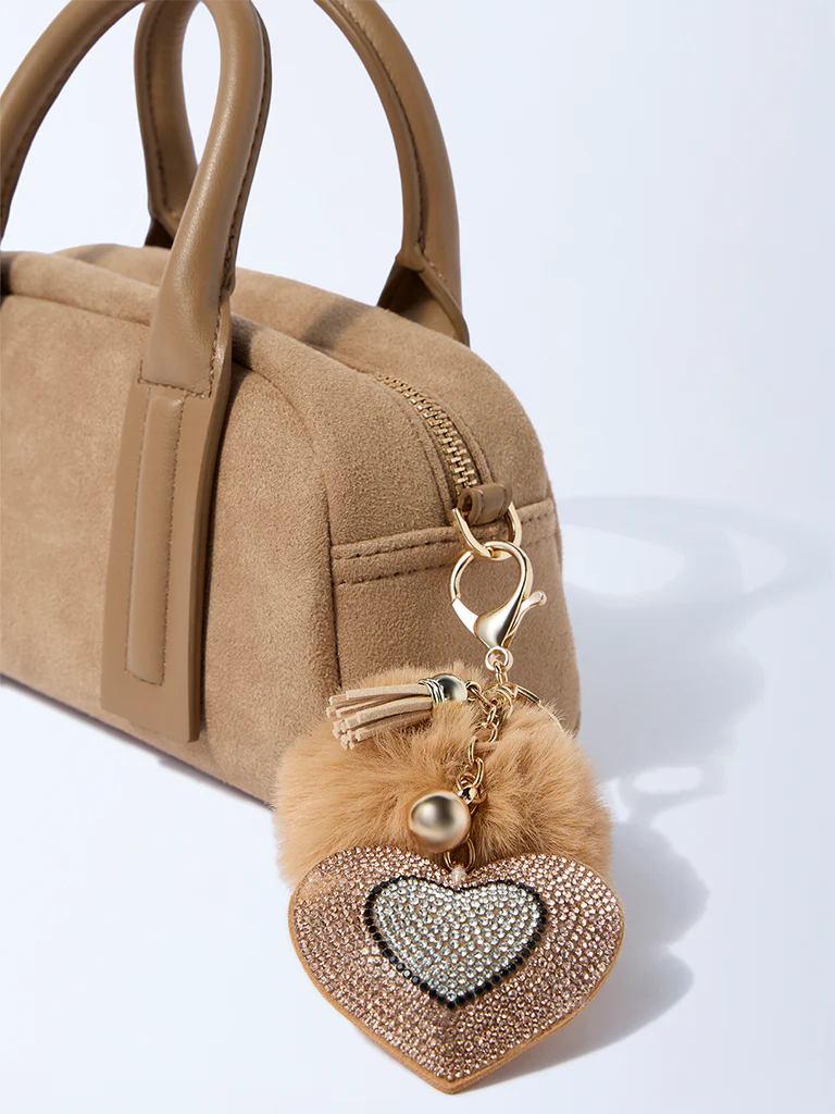 Studiowest Beige Heart Bedazzled Pom Pom Bag Charm - Image 3