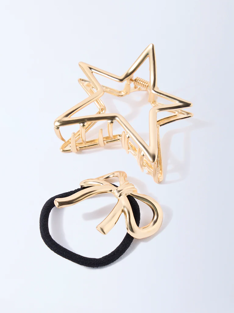 Studiowest Gold Bow Hair Tie and Star Clips - Pack of 2 - Image 3
