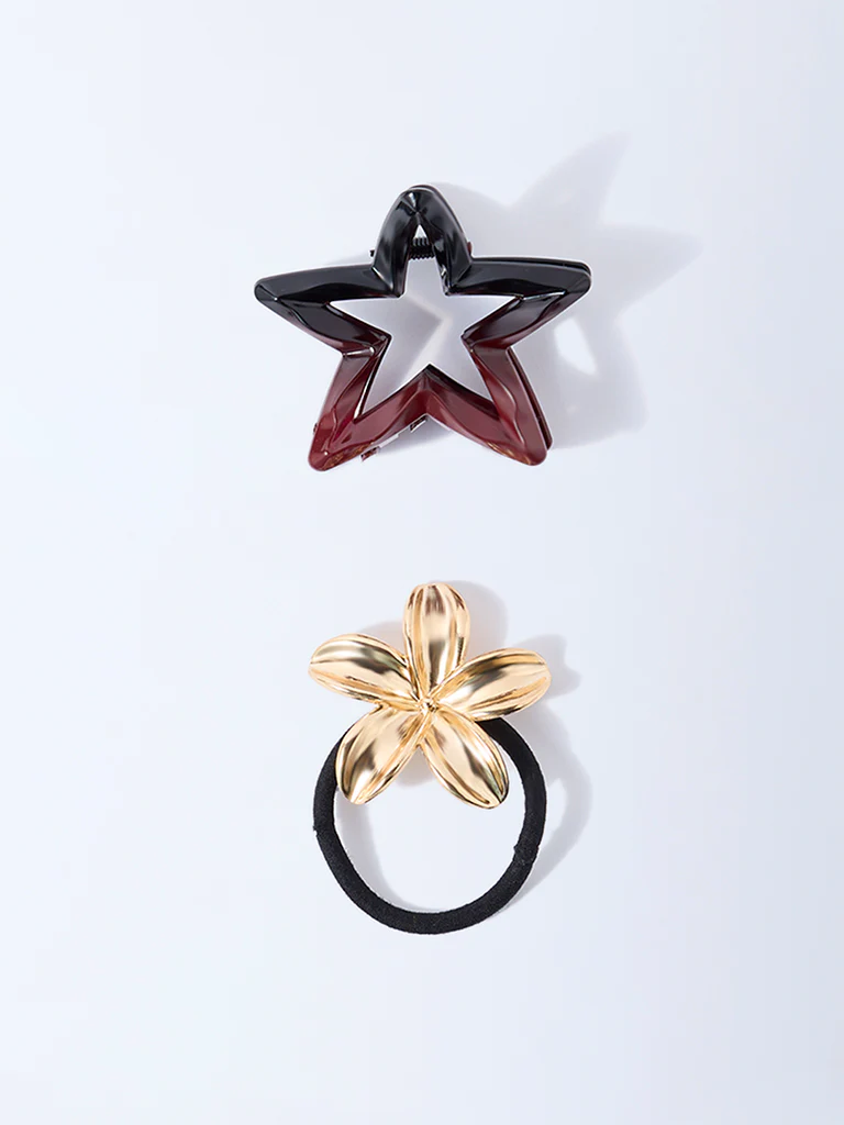 Studiowest Gold Flower Hair Tie and Star Clips - Pack of 2