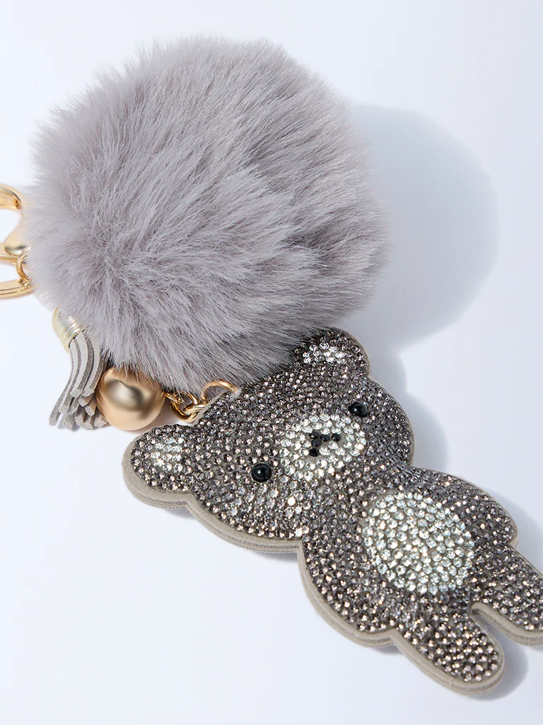 Studiowest Grey Teddy Bedazzled Pom Pom Bag Charm - Image 2