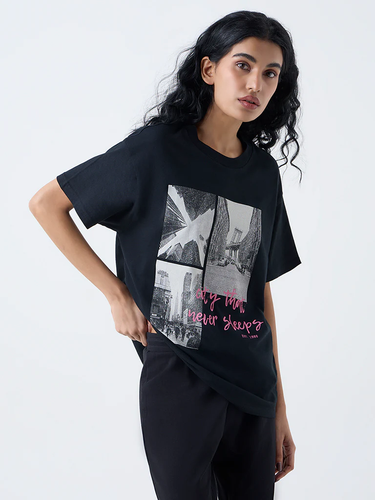 Superstar Black Cityscape-Inspired Cotton T-Shirt - Image 2