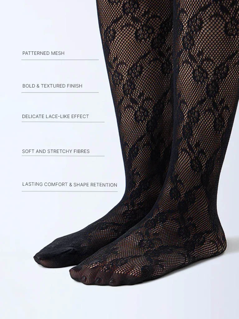 Superstar Black Floral Lace Detailed Fishnet Stockings - Image 3