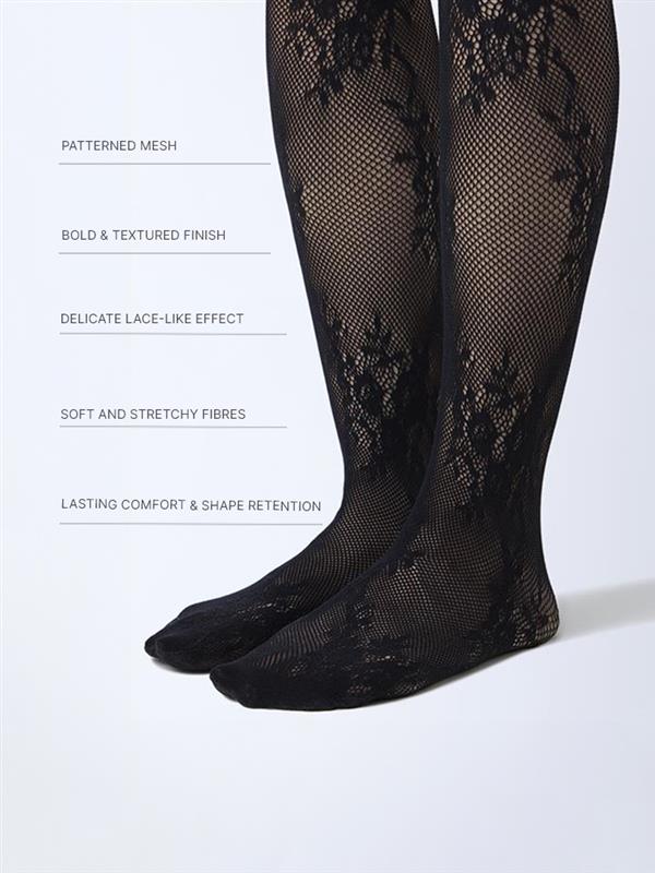 Superstar Black Floral Lace Detailed Fishnet Stockings - Image 3