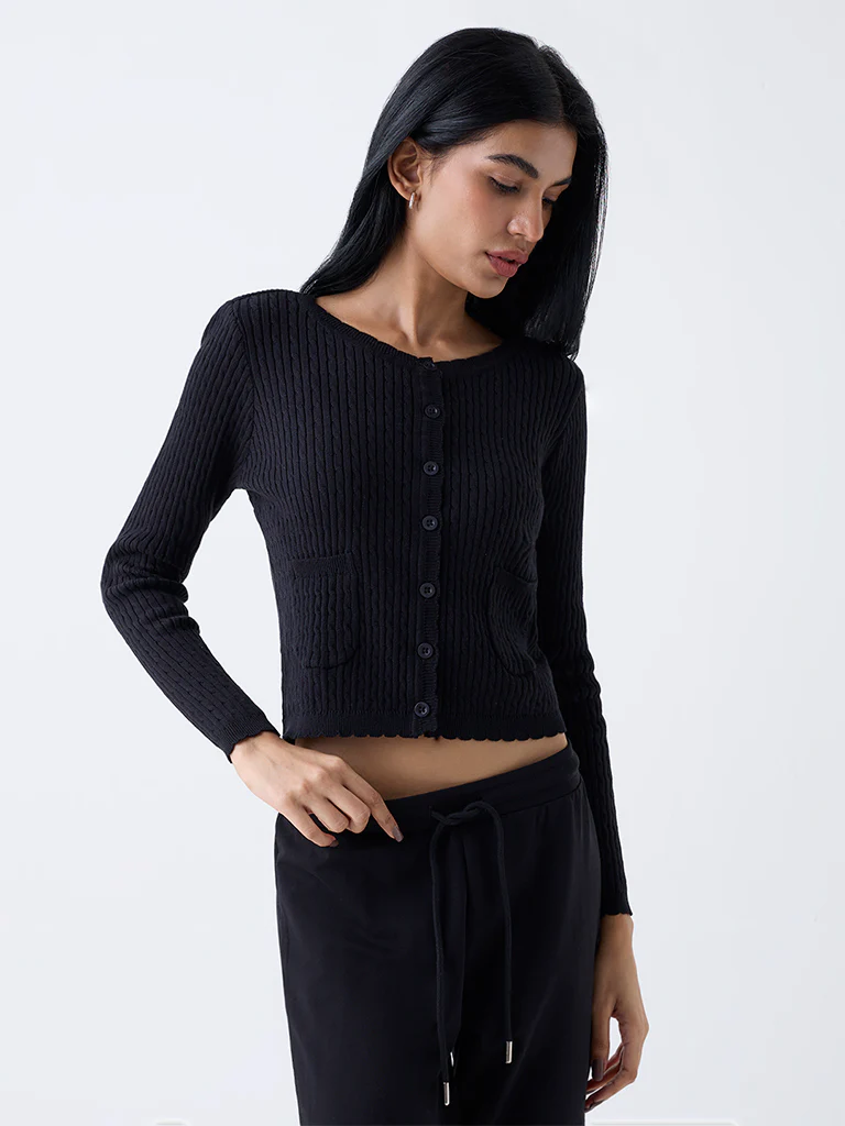 Superstar Black Knit-Textured Cotton Cardigan - Image 2