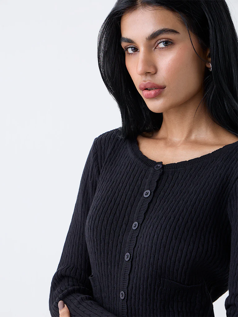 Superstar Black Knit-Textured Cotton Cardigan - Image 3