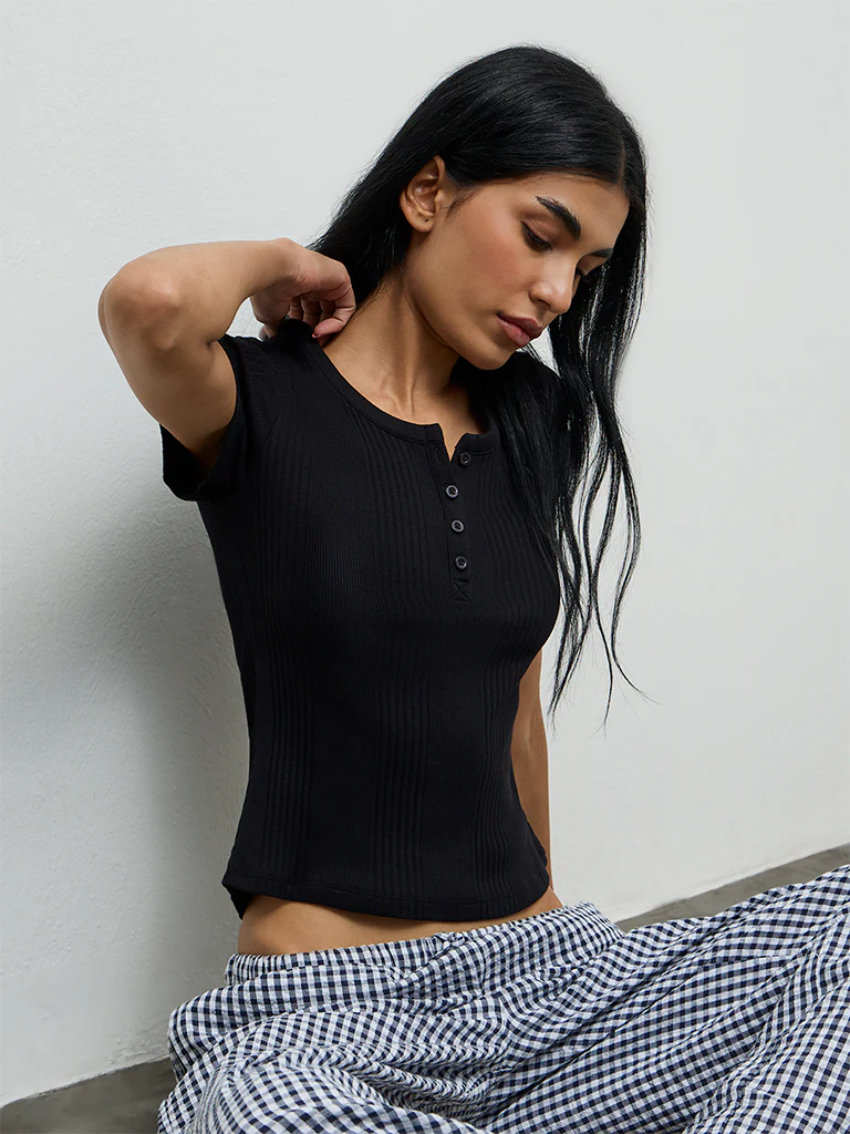 Superstar Black Ribbed Cotton-Blend Top - Image 2