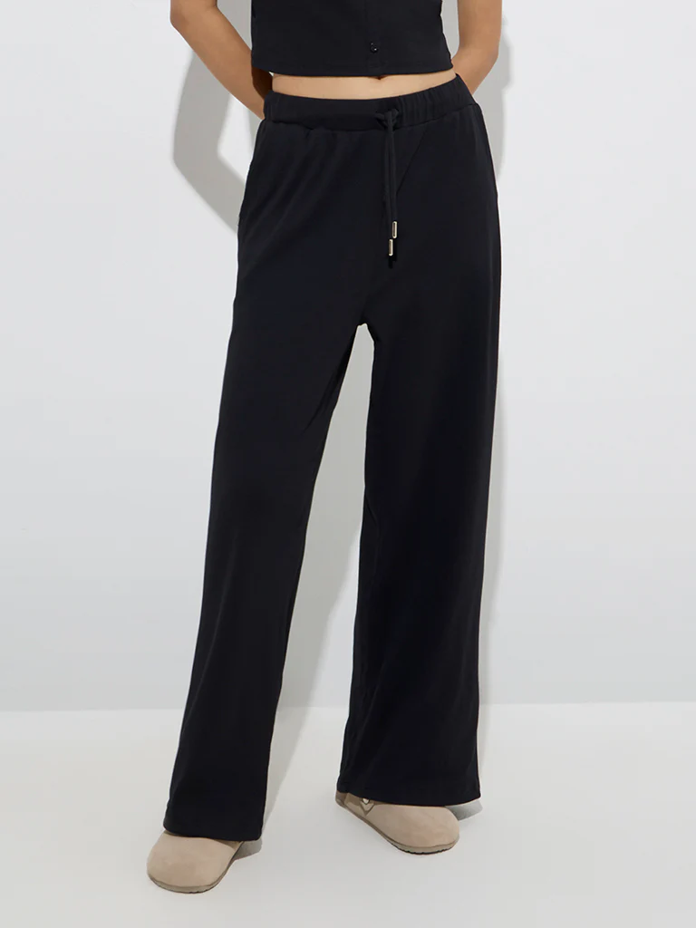 Superstar Black Ribbed High-Rise Cotton-Blend Pants - Image 2