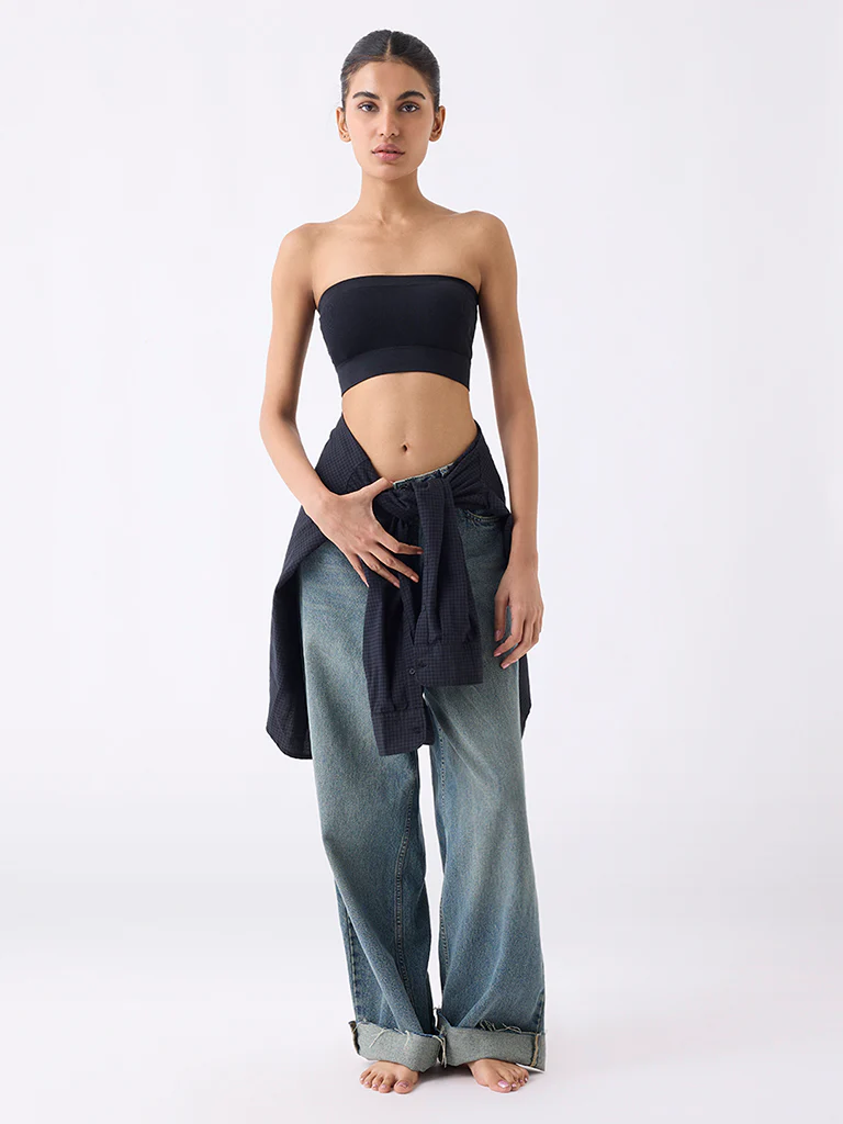 Superstar Black Ribbed Seam-Free Padded Bandeau Bra - Image 2