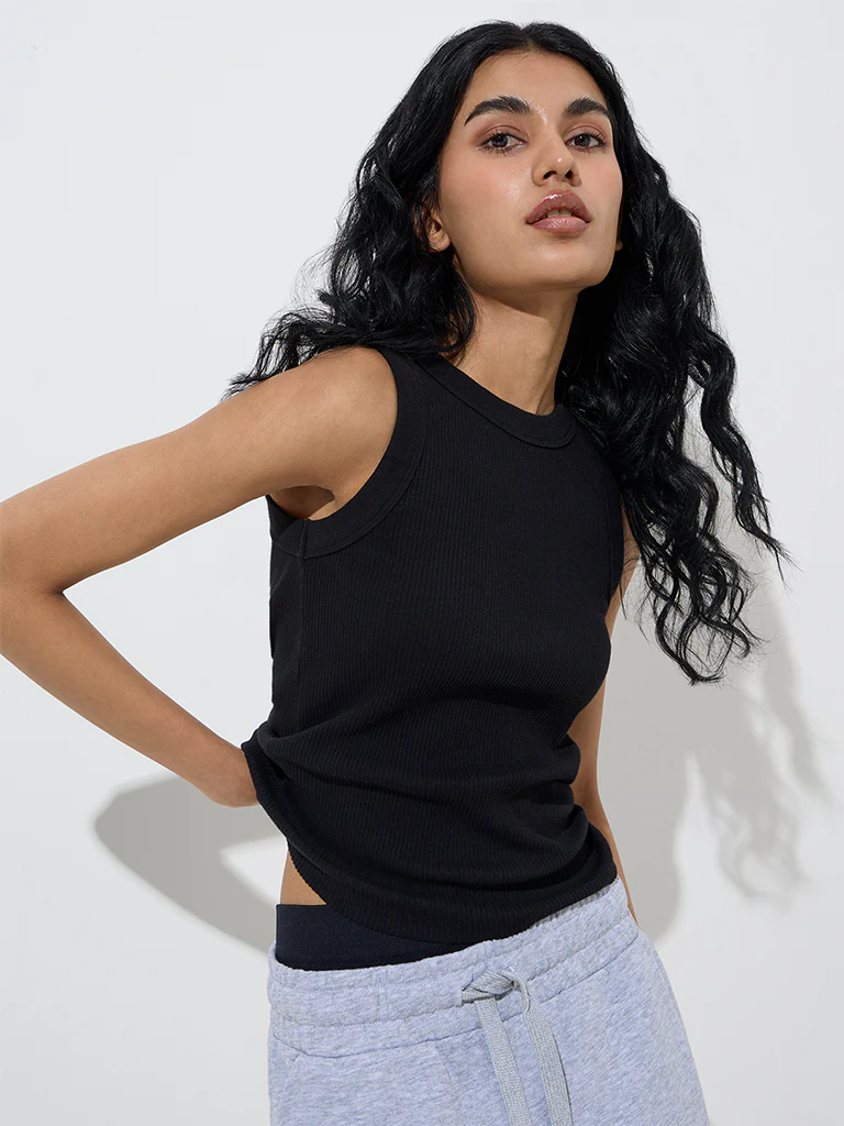 Superstar Black Ribbed-Textured Cotton-Blend Tank Top - Image 2