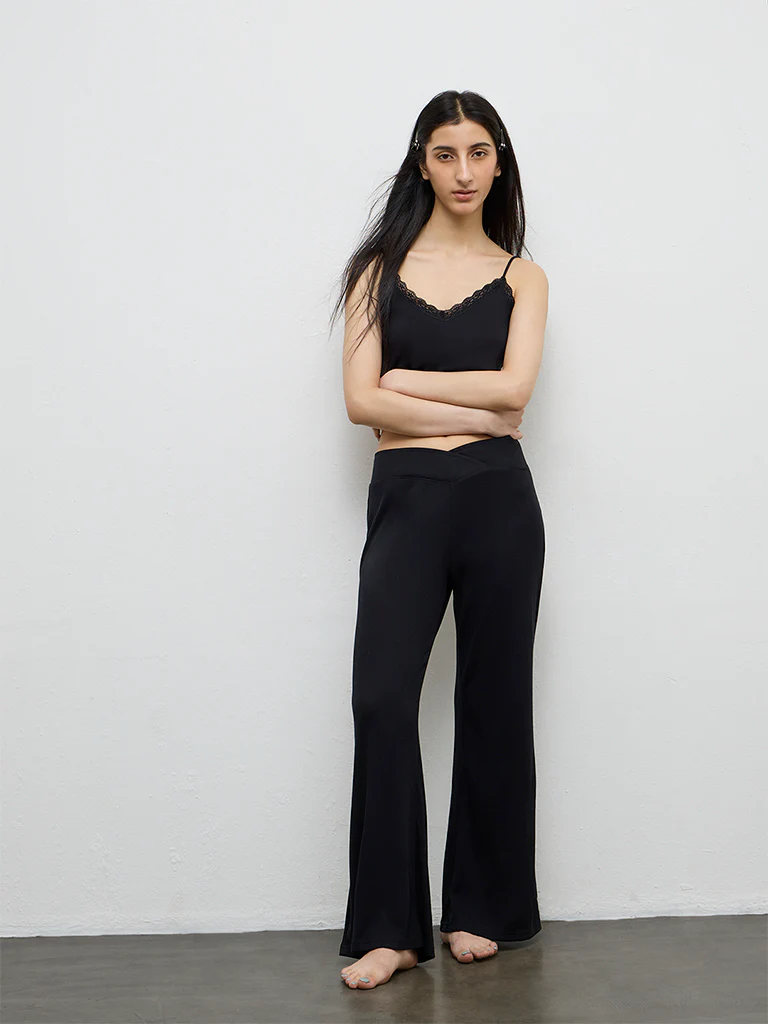 Superstar Black Ribbed-Textured High-Rise Pants