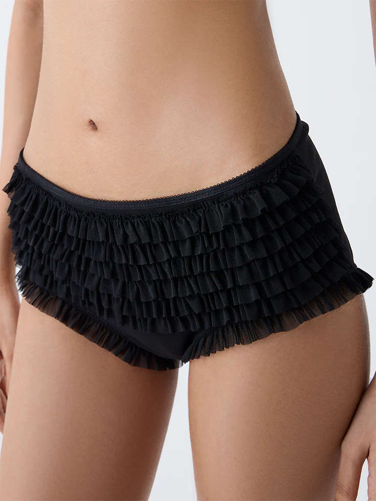 Superstar Black Ruffle-Detailed Boy Shorts Briefs - Image 3