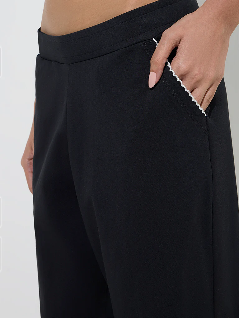 Superstar Black Solid High-Rise Cotton-Blend Lounge Pants - Image 3