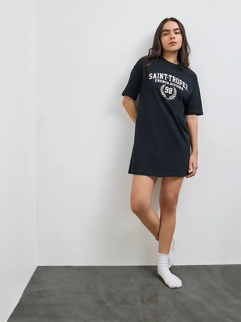 Superstar Black Text Cotton T-Shirt Dress