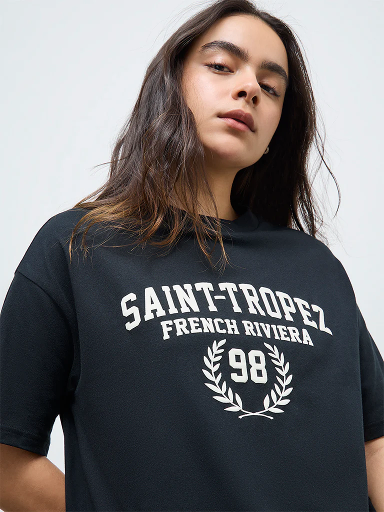 Superstar Black Text Cotton T-Shirt Dress - Image 3