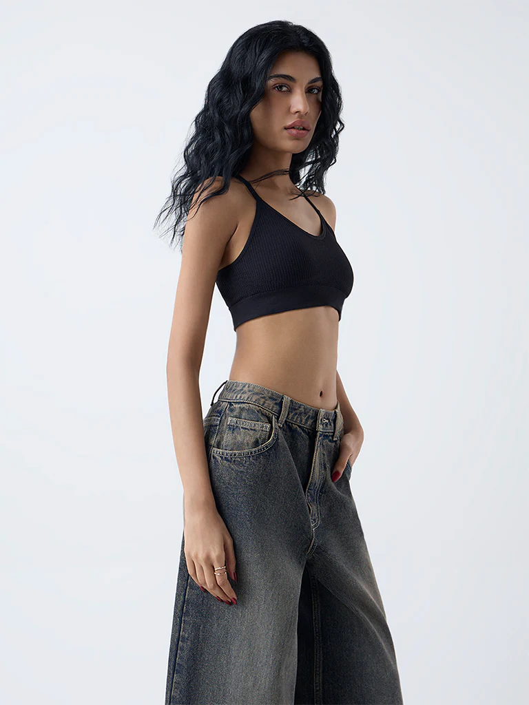 Superstar Black Waffle-Textured Padded Bra - Image 2